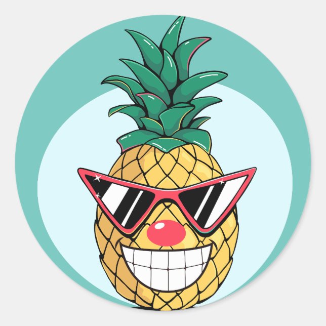 Sticker Rond Ananas souriant portant lunettes de soleil et nez  (Devant)