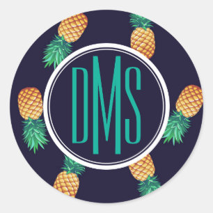 Sticker Rond Ananas Sur Marine Monogramme