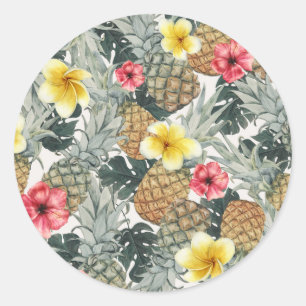 Sticker Rond Ananas Tropical Floral Feuille Exotic Party