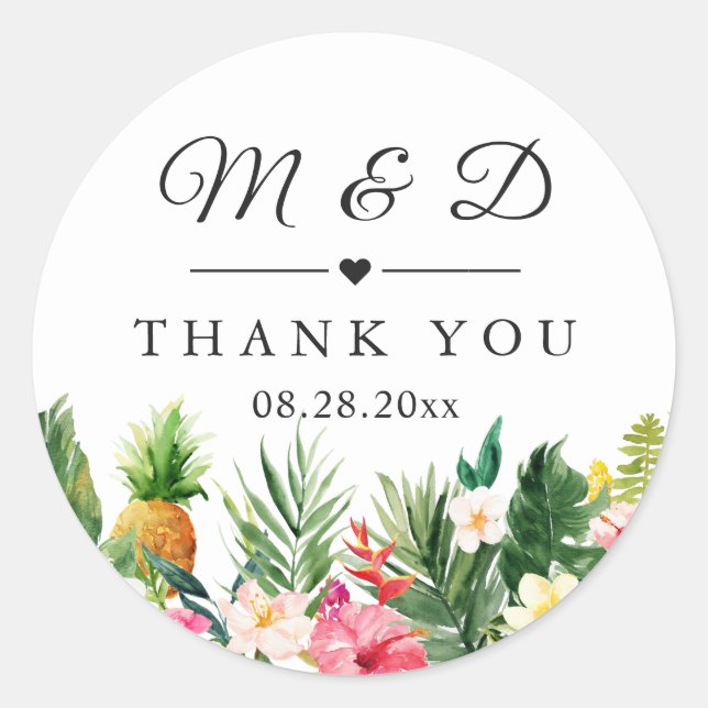 Sticker Rond Ananas Tropical Floral Wedding Favor Merci (Devant)