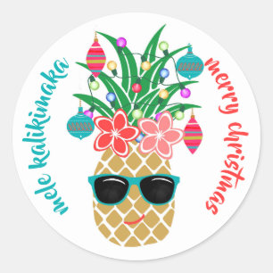 Sticker Rond Ananas tropical hawaïen Mele Kalikimaka