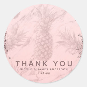 Sticker Rond Ananas Tropical Pailleté Or Rose Foncé Cadeau de F