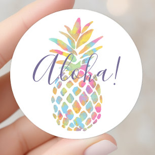 Sticker Rond Ananas Tropical Personnalisé Aquarelle Arc-en-ciel