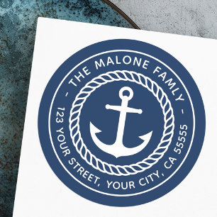 Sticker Rond Anchor and rope border elegant blue return address