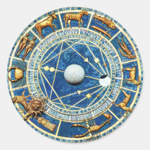 Sticker Rond Ancien Monde Céleste Bleu Zodiaque Astrologie Roue