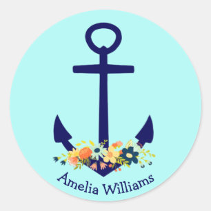 Sticker Rond ancrage bleu avec bouquet floral