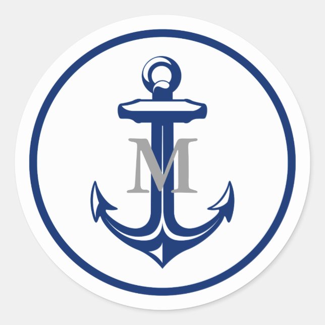 Sticker Rond Ancre bleue de la marine blanche | Monogramme (Devant)