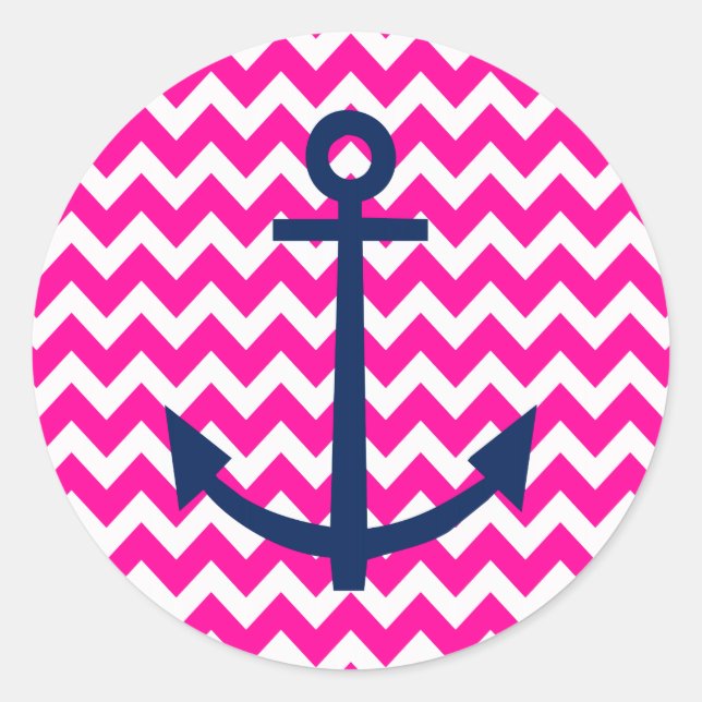 Sticker Rond Ancre Chevron Nautical Pink et Navy (Devant)