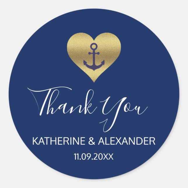 Sticker Rond Ancre de coeur d'or marine Phoques de Mariage bleu (Devant)