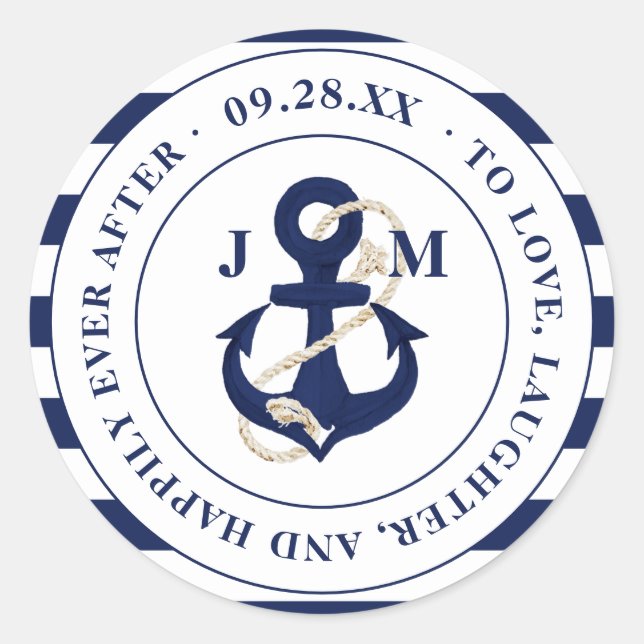 Sticker Rond Ancre de la marine Monogramme heureux jamais après (Devant)