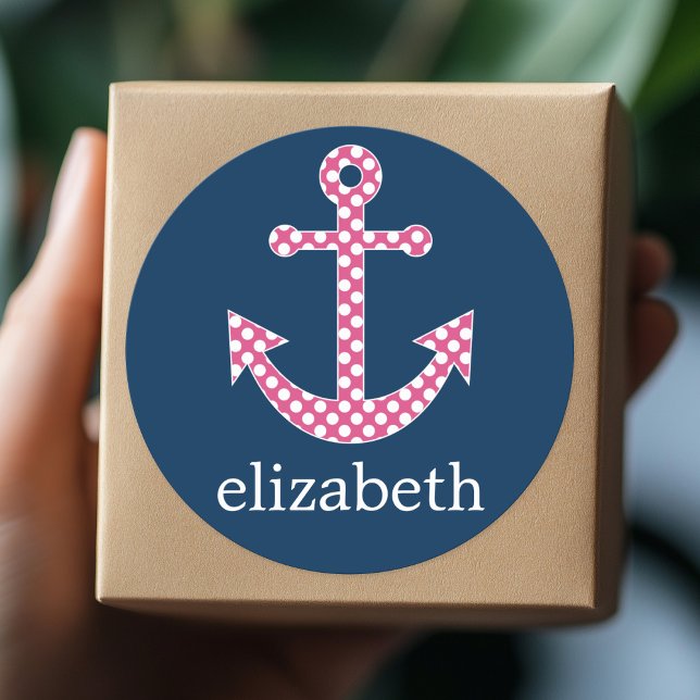 Sticker Rond Ancre de point rose mignon avec nom personnalisé M (Personalized Sticker)