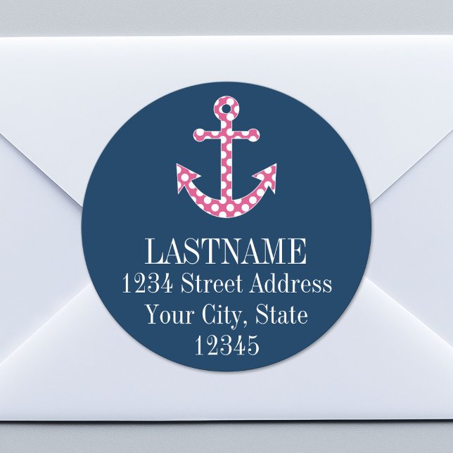 Sticker Rond Ancre de point rose mignon avec nom personnalisé M (Custom Return Address Sticker)