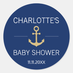 Sticker Rond Ancre d'or bleu marine BABY SHOWER blanc
