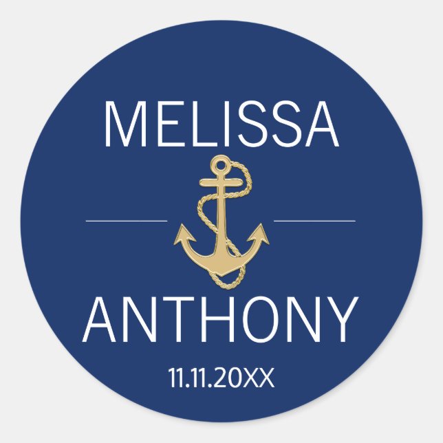 Sticker Rond Ancre d'or bleu marine Mariage blanc (Devant)