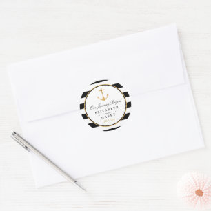 Sticker Rond Ancre d'or nautique vintage, Mariage noir et or