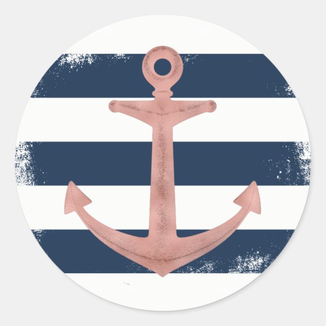 Sticker Rond Ancre d'or rose Bandes marines nautiques (Devant)