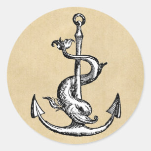 Sticker Rond Ancre et dauphin - Festina Lente