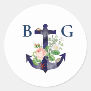 Sticker Rond Ancre Floral Nautique Mariage d'été Favoriser