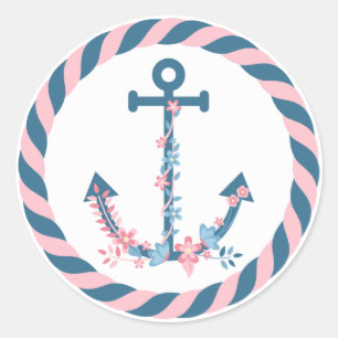 Sticker Rond Ancre florale marine rose & Navy Fleurs & corde