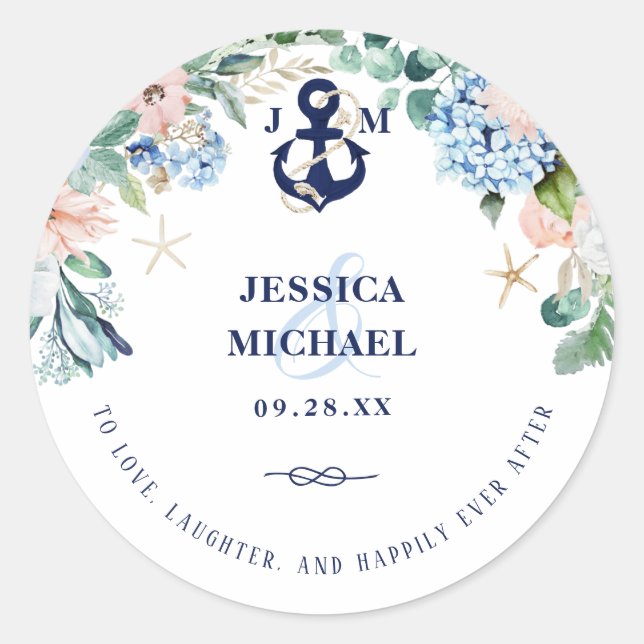 Sticker Rond Ancre Florale Nautique Joyeux Jamais Après Mariage (Devant)