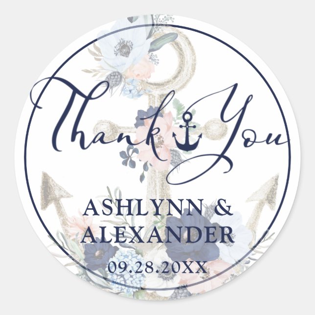 Sticker Rond Ancre florale nautique Merci Mariage bleu marine (Devant)