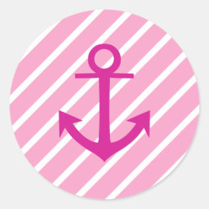 Sticker Rond Ancre Fuchsia Nautique Rose Et Blanc