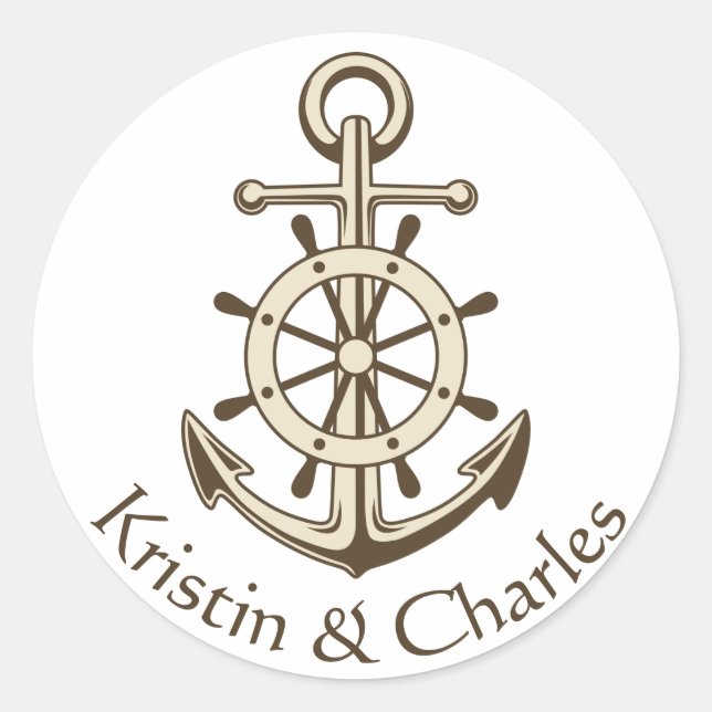 Sticker Rond Ancre Mariage nautique et roue de navire Brown (Devant)
