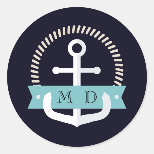 Sticker Rond Ancre marine moderne Mariage de monogramme nautiqu (Devant)