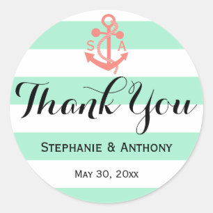 Sticker Rond Ancre marine rose corail et Mariage vert menthe