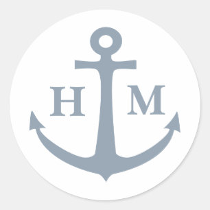 Sticker Rond Ancre Monogramme Bleu Marin Poussiéreux