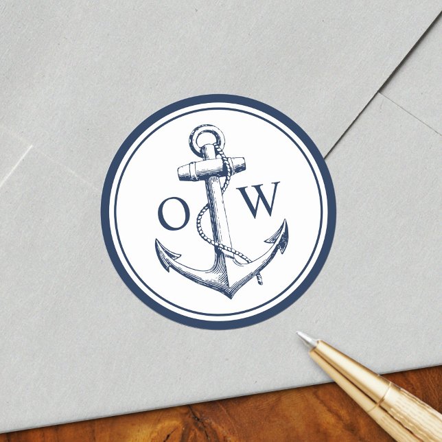 Sticker Rond Ancre Monogramme marine Blanc (Créateur téléchargé)