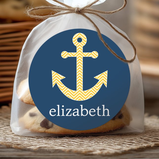 Sticker Rond Ancre nautique avec Motif de Navy Jaune Chevron (Personalized Sticker)