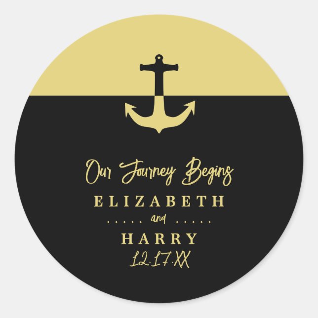 Sticker Rond Ancre nautique - Black Gold - Mariage plage (Devant)