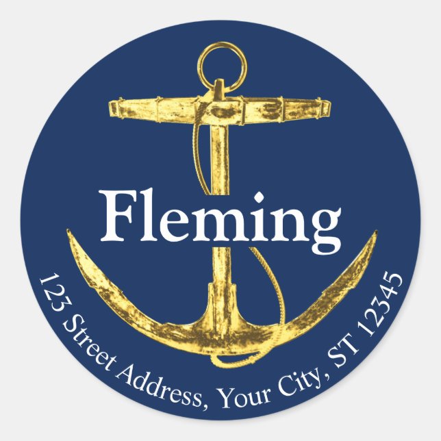 Sticker Rond Ancre nautique bleu marine et or Mariage (Devant)