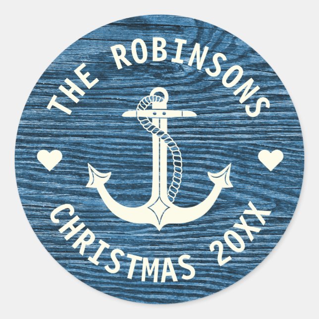 Sticker Rond Ancre nautique Bleu Rustique Nom de famille Noël (Devant)