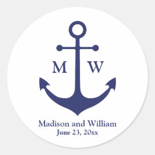 Sticker Rond Ancre nautique marine blanche monogramme personnal