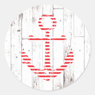 Sticker Rond Ancre Naútíque Rayures Rouges Blanc Bois Fête