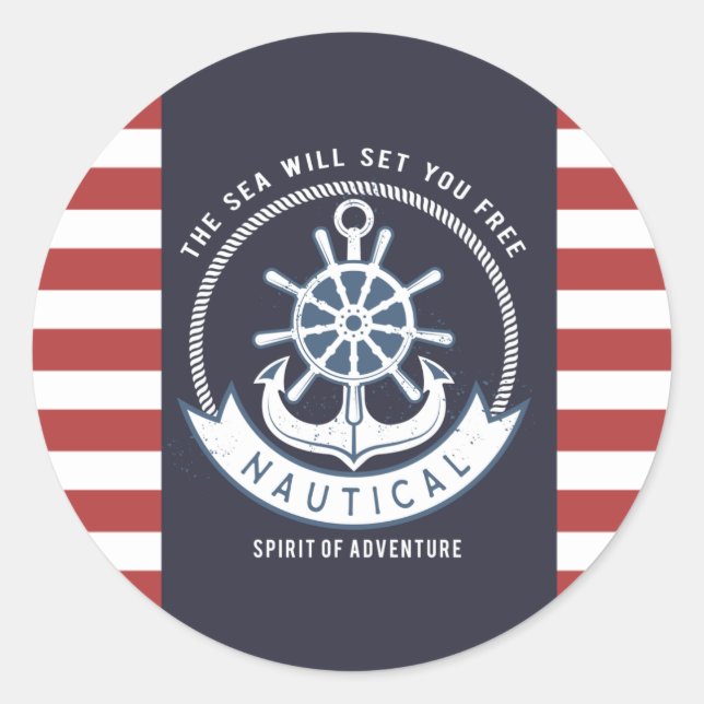 Sticker Rond Ancre nautique, Roue, Bleu marine, Bandes rouges (Devant)