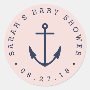 Sticker Rond Ancre rose et marine Baby shower nautique
