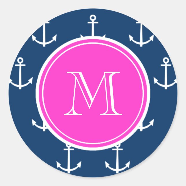Sticker Rond Ancres Bleu Marine Motif, Monogramme Rose Chaud (Devant)