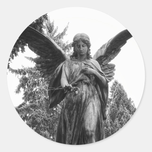 Sticker Rond Ange Avec Ailes Étalées Tenant Une Fleur (Devant)