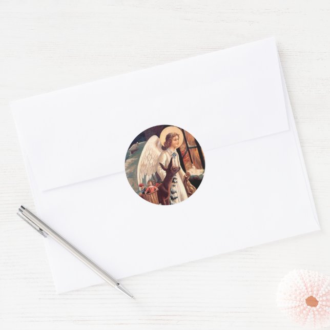 Sticker Rond Ange de Noël avec chevalet de cerf (Enveloppe)