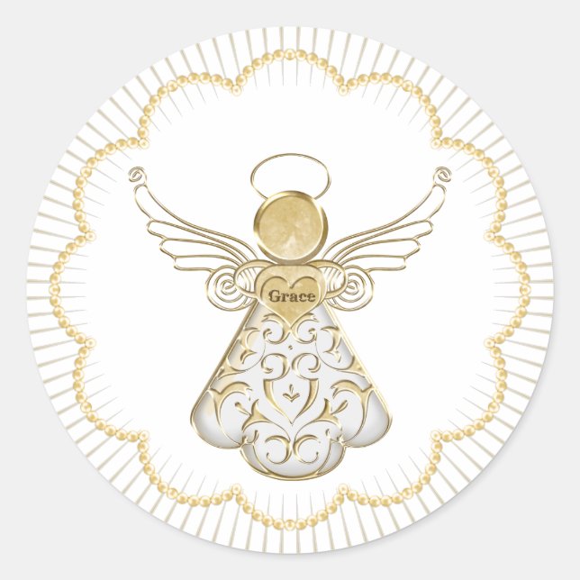 Sticker Rond Ange de Noël de la grâce Perles d'or patinées (Devant)