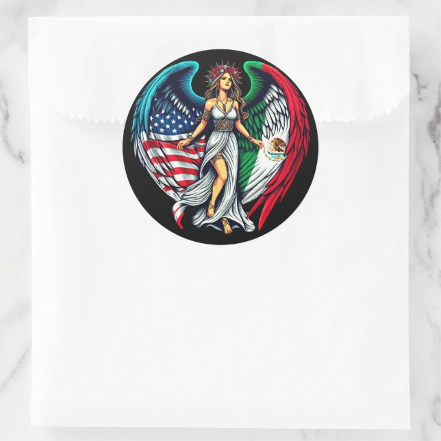 Sticker Rond Ange drapeau américain et mexicain woMan Art patri (Sac)