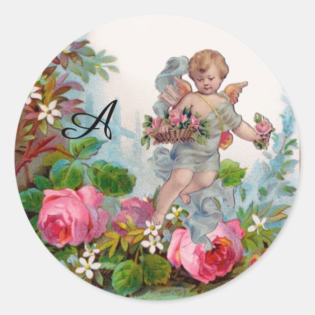 STICKER ROND ANGE ROMANTIQUE RASSEMBLANT ROSES ET FLEURS ROSES  (Devant)