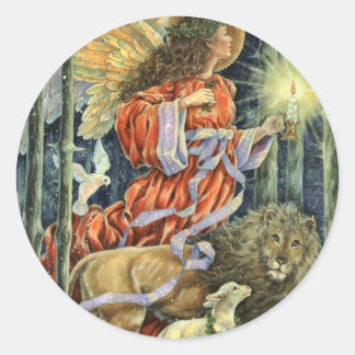 Sticker Rond Ange vintage avec chevalet de Noël Lion et Agneau