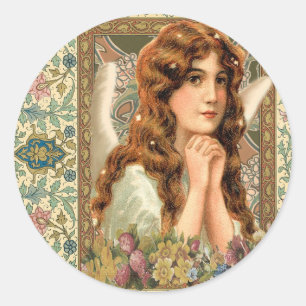 Sticker Rond Ange vintage avec des fleurs