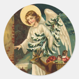 Sticker Rond Ange vintage de Noël avec des cerfs communs