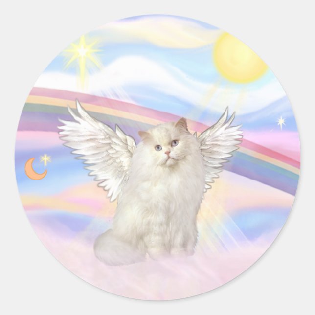 Sticker Rond Angel de chat perse blanc dans les nuages (Devant)
