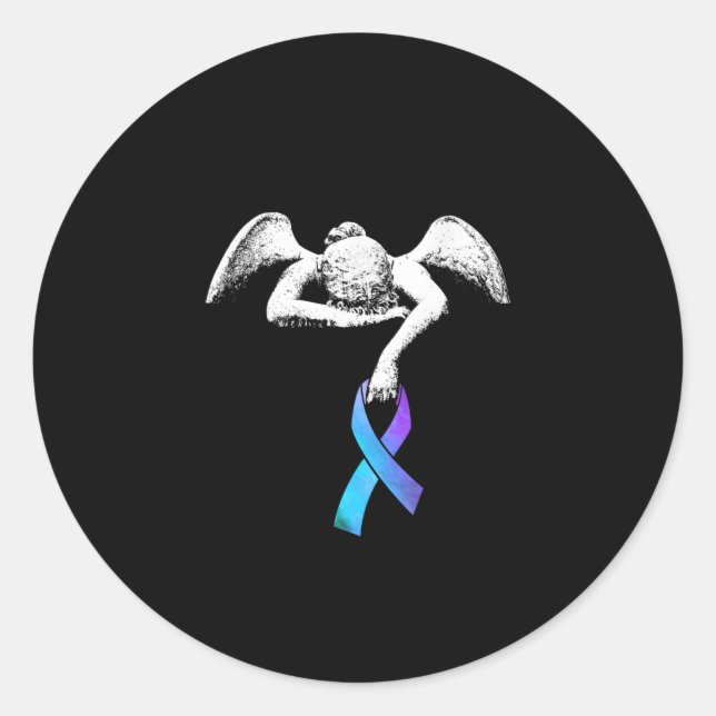 Sticker Rond Angel détient Turquoise Ribbon Prévention du suici (Devant)